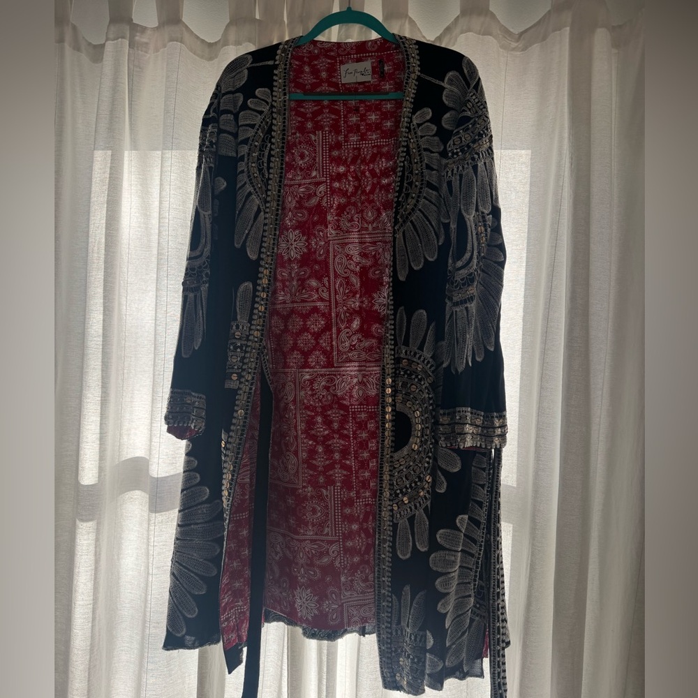 Free People Black Embroidered Open Kimono Coat with Red Lining - Picture 2 of 2